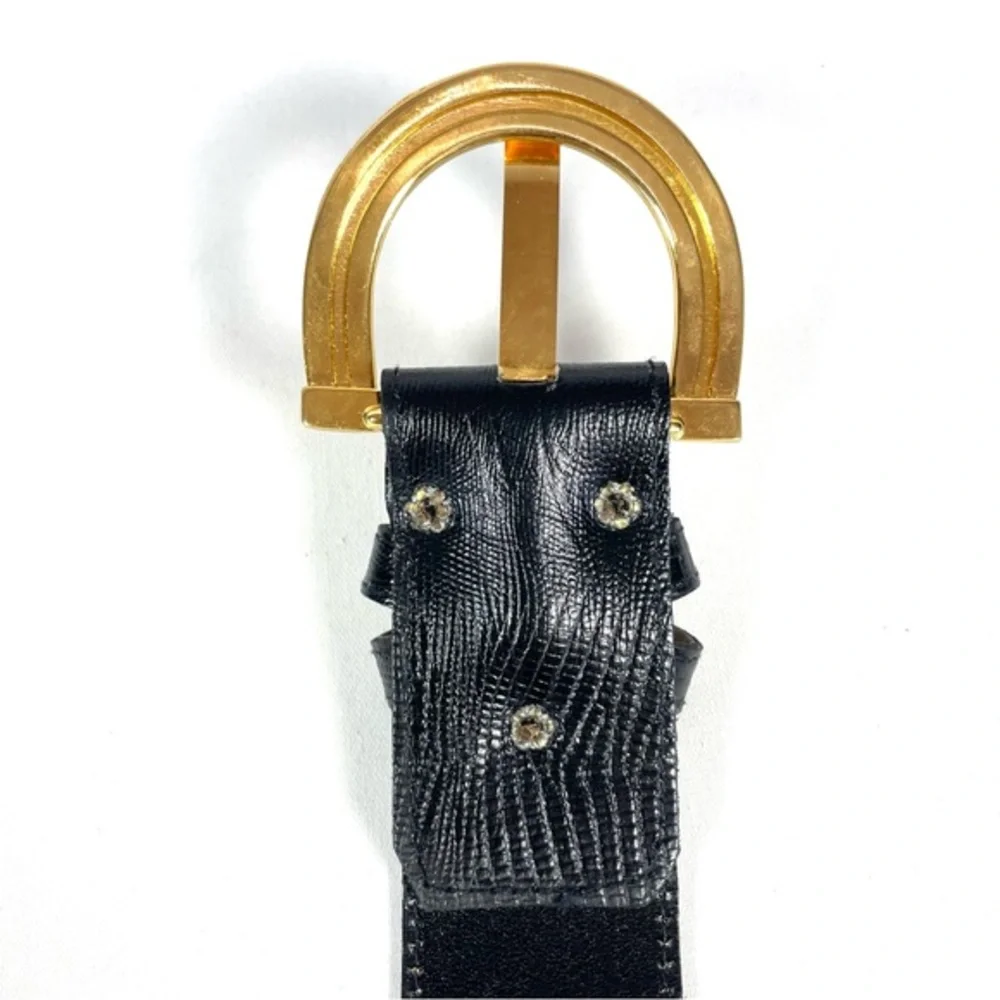 Vintage Robbie Nelson Black Leather Belt Gold Buckle USA Womens 2XL